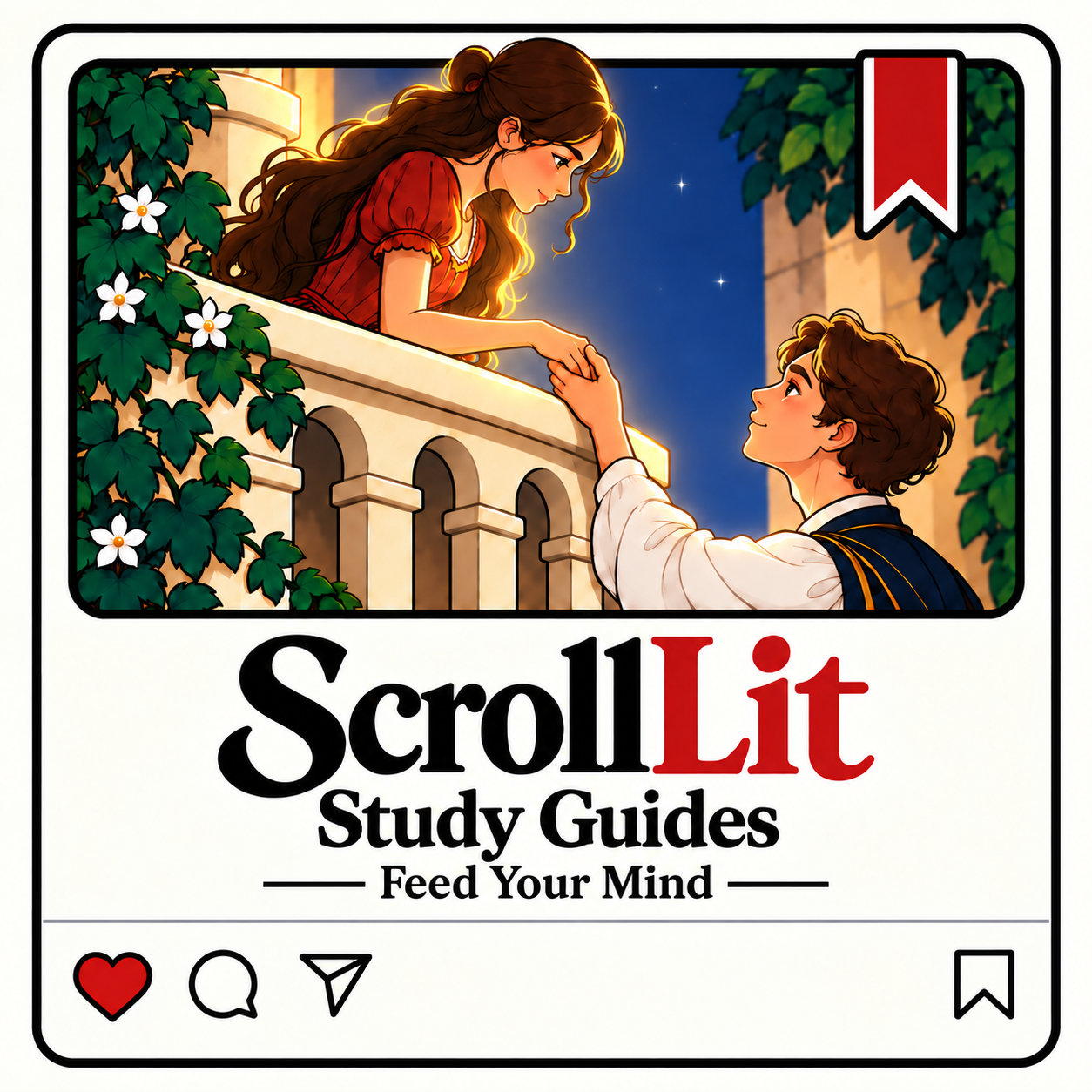 ScrollLit Study Guides: a reader reaches up to a woman on a balcony beneath a night sky.